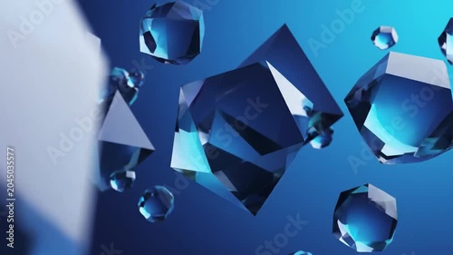 Abstract 3D rendering of floating translucent blue geometric polyhedrons and glass-like prisms with light refraction, sharp edges, and shallow depth of field on a blue gradient background.