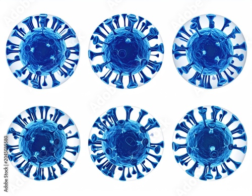 Six detailed blue spheres displaying microscopic viral structures with spiky projections