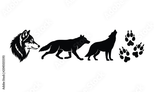 Konstfotografi Wolf pack silhouette design elements head walking howling and paw prints vector