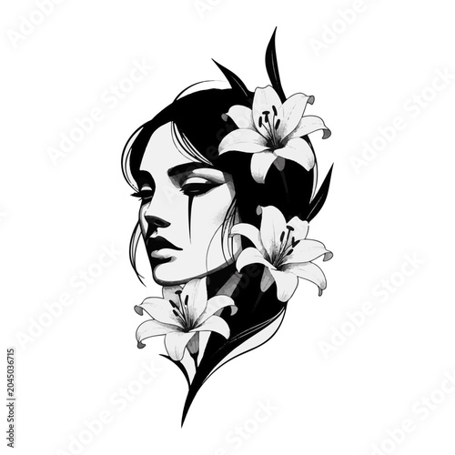 Canvas-taulu Black and white vector illustration of a sad woman face with lily flowers for ta
