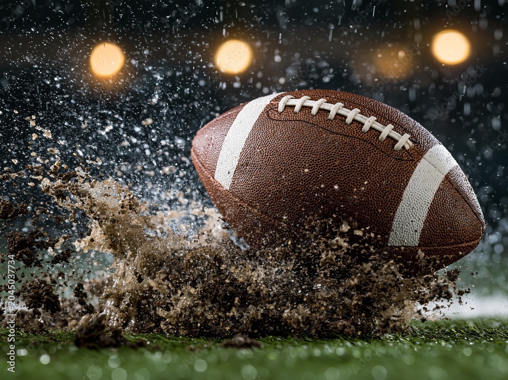 Naklejka premium American football impacting muddy field with water splash and rain