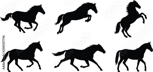Foto Six black horse silhouettes in various running and jumping poses on a white back