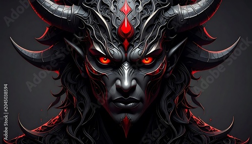 Dark Horned Demon Staring Forward in Dramatic Shadowy Portrait