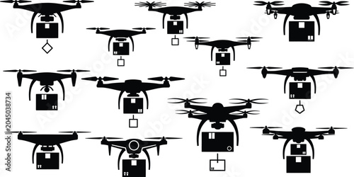 Delivery drones carrying packages black silhouette icon set
