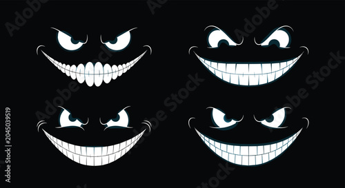 Collection of four different creepy and mischievous smiling faces with glowing eyes and sharp teeth on a black background.