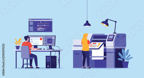 Team of professionals working in a modern printing facility with advanced digital machinery and computer workstations.