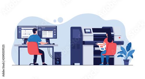 Technicians operating a large industrial printing press and computer monitors in a professional print shop or factory.