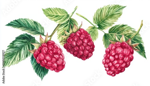 Ripe raspberries surrounded by vibrant green leaves in a delicate watercolor illustration
