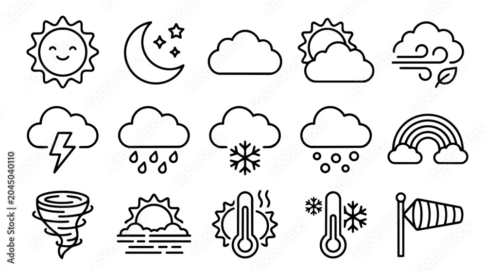 Fototapeta premium Weather conditions and forecast outline icons set