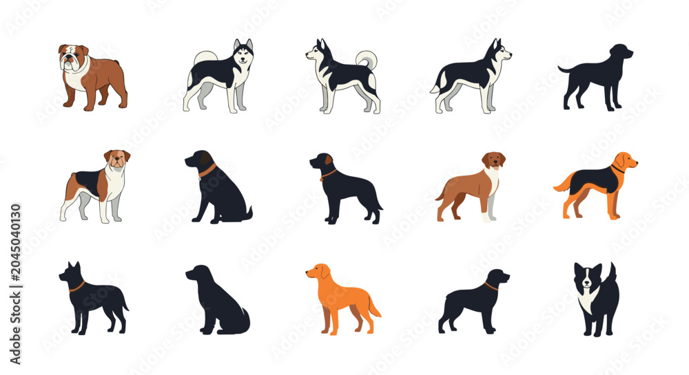 Fototapeta premium Large set of diverse dog breed silhouettes and illustrations includes popular pets like bulldogs, huskies, labradors, and border collies.