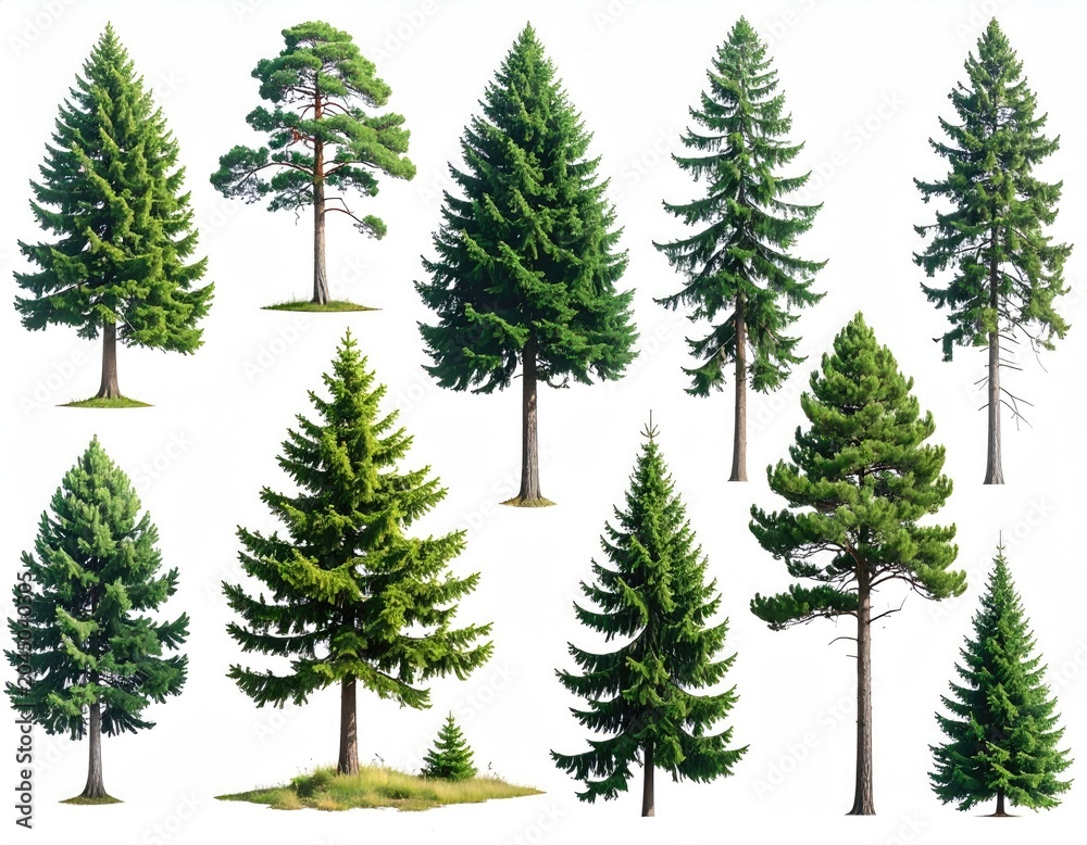 Obraz premium Ten varied coniferous trees in different sizes on white