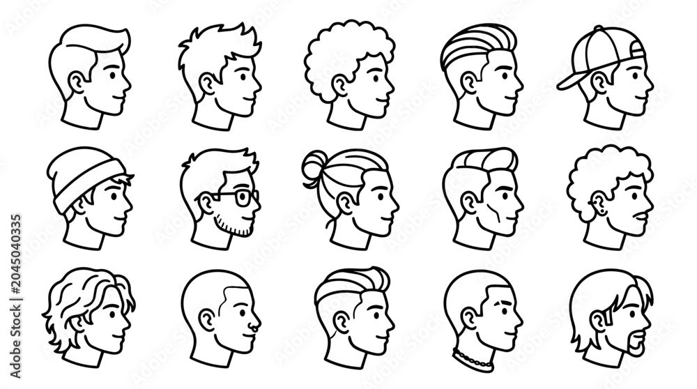 Fototapeta premium Fifteen male head profiles showcasing diverse hairstyles