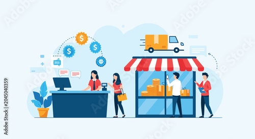 Retail business and logistics scene featuring customers at a checkout counter, a shop window display, and a delivery truck nearby.