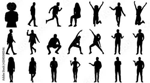 Cuadro en lienzo Set of diverse people silhouettes in different dynamic poses isolated on transpa