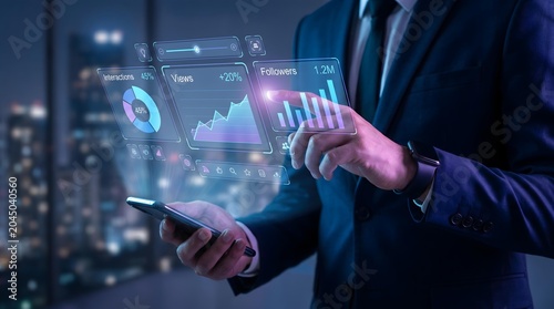 Business executive in a suit analyzes holographic data charts on a transparent touchscreen interface for advanced business analytics against a city skyline.