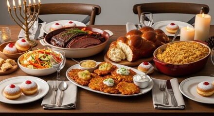 A traditional Jewish holiday table setting with various dishes and food challah bread hanukkah celeb