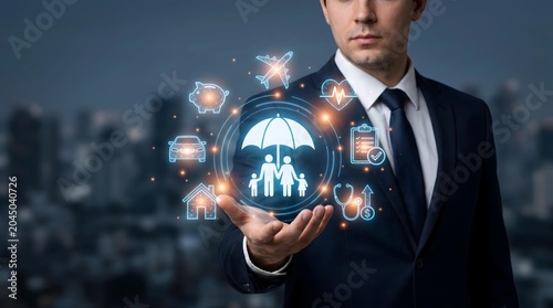 Professional businessman in a suit presenting a globe with interconnected digital networks, highlighting cloud computing, data security, and global innovation