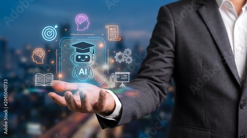 Business professional showcasing AI and holographic technology concepts with floating data visualizations
