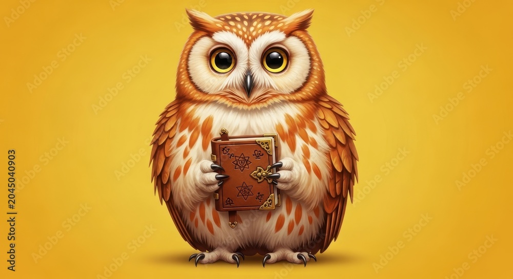 Obraz premium A cute cartoon owl holding a book in its talons on yellow background with big eyes looking directly 