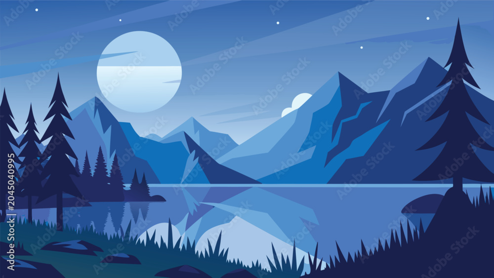 Obraz premium Serene mountain lake landscape under a full moon during twilight with pine trees and reflections vector illustration