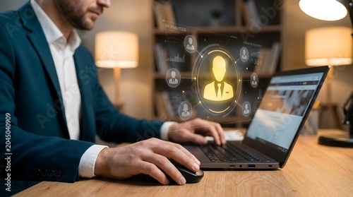 Professional businessman typing on a laptop in a modern office, with a holographic lightbulb idea icon highlighting innovation and strategic thinking