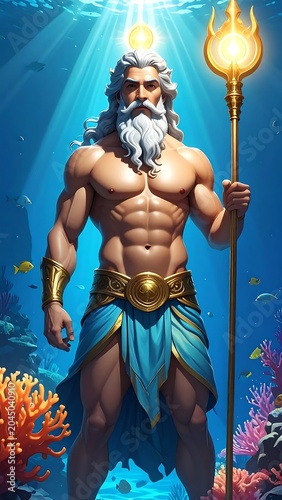 Muscular Bearded Sea God Standing Underwater with Glowing Trident in Coral Ocean Scene