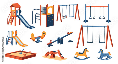 Extensive set of outdoor playground equipment including various slides, swings, seesaws, a sandbox, and spring riders for children park design.