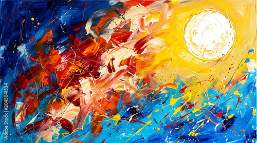 Vibrant Abstract Art with Bold Brushstrokes and Radiant Sun Glow in Expressive Painting Style
