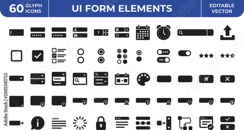 UI Form Elements Glyph Icon Set For Website Inputs Controls Ratings Calendar And Interface Design Vector