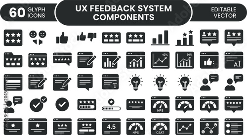 UX Feedback System Components Glyph Icon Set For Reviews Ratings Comments Analytics And Interface Evaluation Vector Design
