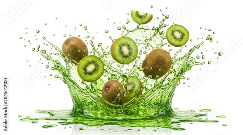 Fresh kiwi fruit splashing in green juice, dynamic liquid explosion with flying kiwi slices, refreshing tropical fruit beverage concept isolated on White Background