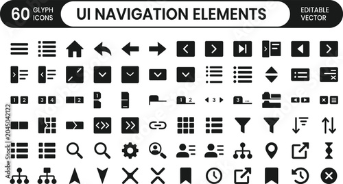 UI Navigation Elements Glyph Icon Set For Website Menu Arrows Search Settings And Interface Design Vector