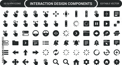 Interaction Design Components Glyph Icon Set For UI Controls Navigation Gestures Loading And Interface Tools Vector