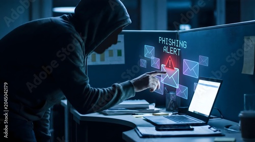 Hooded hacker at a multi-monitor workstation, surrounded by security alerts and digital interfaces in a dark blue cybercrime scene.