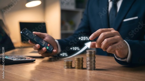 Businessman using mobile payment and credit card while stacking coins on a wooden desk, a finance and investment concept scene