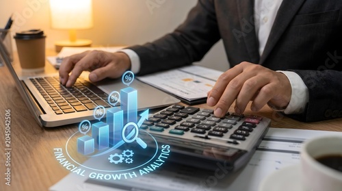 Business professional analyzes financial data with laptop, calculator, and holographic charts on a desk for strategic planning and insights