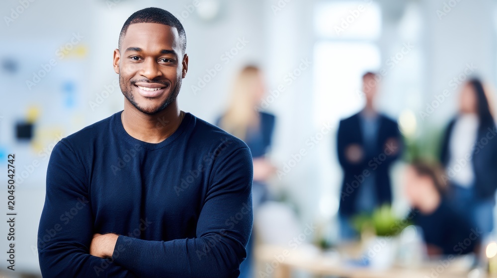 Fototapeta premium Mid-career Black male creative director smiling confidently in a modern office environment with colleagues in the background.