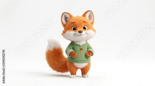 Adorable baby fox character wearing a green sweater, cute 3D cartoon fox illustration, friendly forest animal mascot for children isolated on White Background