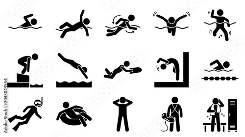 People engaging in swimming and diving activities icon set