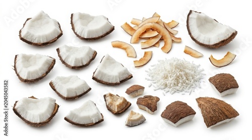 Fresh coconut pieces and flakes collection, organic coconut chunks and dried shavings, tropical fruit ingredients for cooking and baking isolated on White Background