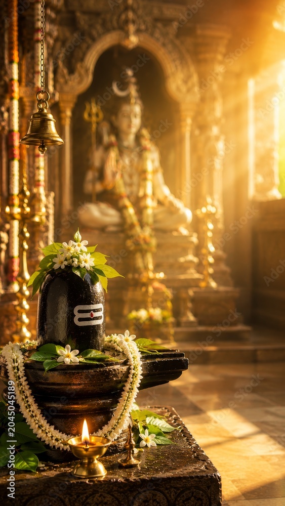Fototapeta premium Sacred Pradosh Vrat puja setup featuring a decorated Shiva Lingam with white flowers and bel patra in the foreground. A divine statue of Lord Shiva sits in a golden, sunlit temple background.