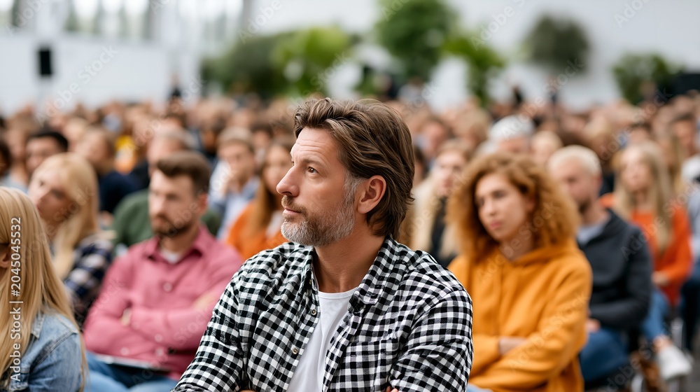Obraz premium Man with beard sits in audience, listening attentively.