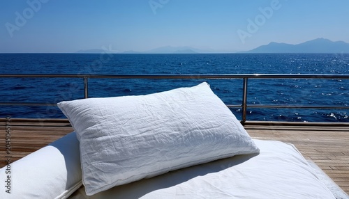 White pillows on a deck overlooking a calm blue ocean and distant hills