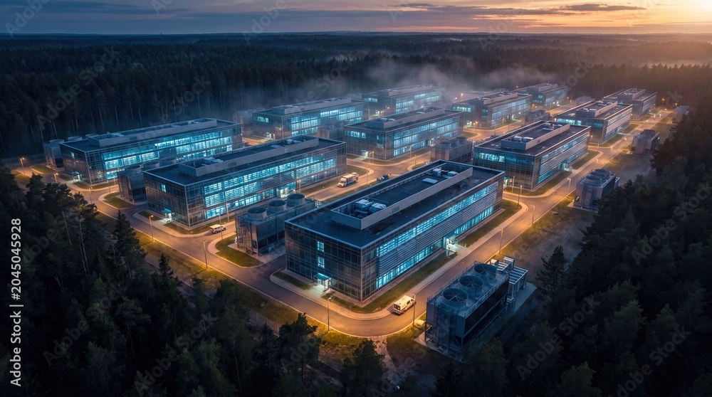 Fototapeta premium Modern industrial complex with illuminated buildings in forest at dusk