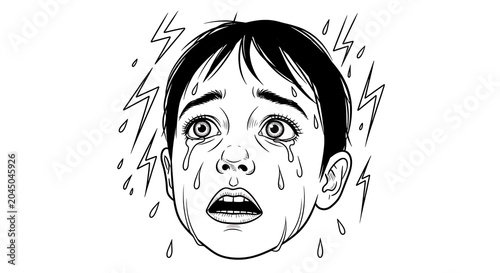 Konstfotografi Drawing of a frightened child caught in a storm with rain and lightning backgrou