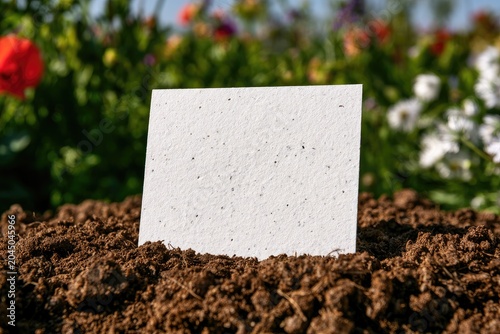 Blank white card embedded in rich soil, blooming flowers in background