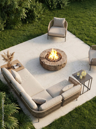 A modern outdoor seating area with a fire pit surrounded by chairs.