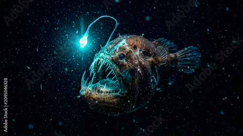 Rape abisal bioluminiscente en la oscuridad total del abismo con su señuelo brillando en azul-verde, piel translúcida y nieve marina flotando.
