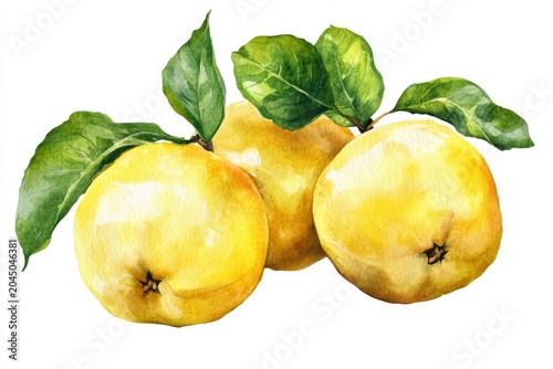 Fresh yellow fruits with green leaves captured in a vibrant watercolor painting showcasing natural beauty and intricate details