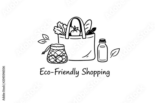 Eco friendly shopping groceries hand drawn doodle with shopping groceries friendly environment sustainable vegetables reusable handdrawn lifestyle conscious consumer sustainability